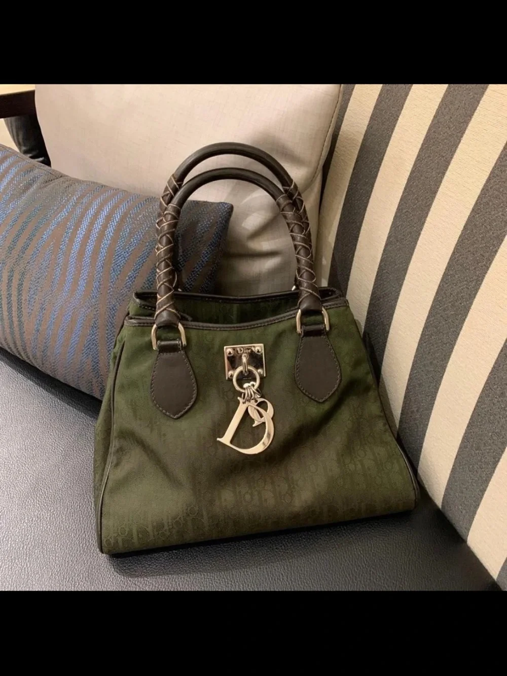 Dior Olive Green Monogram Satchel with Braided Dark Brown Handles